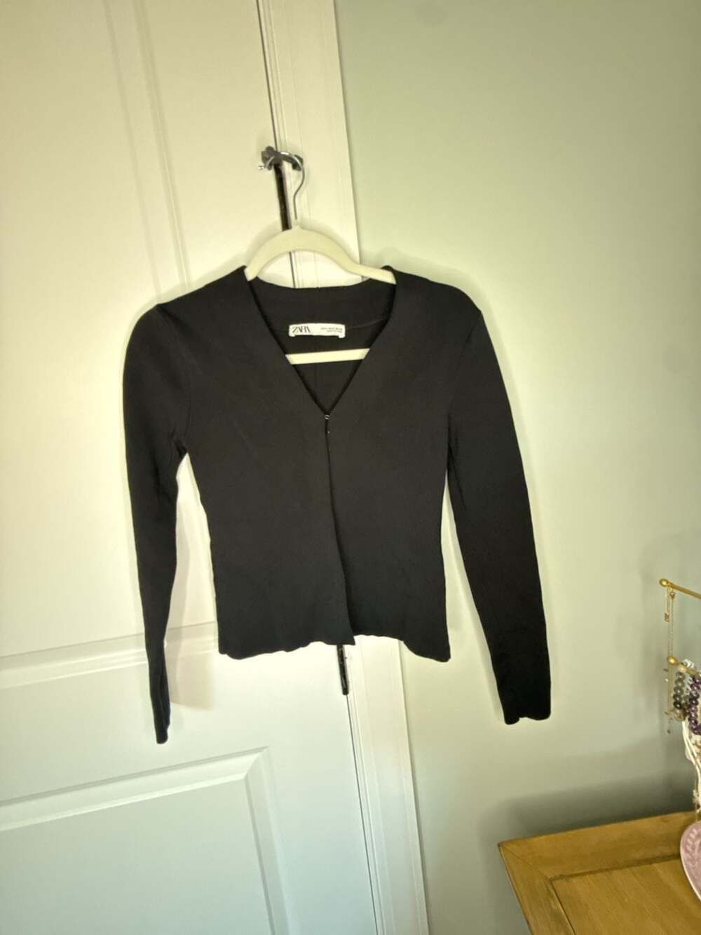 Zara Black V-Neck Long Sleeve Zip-Up Cardigan Top Size S